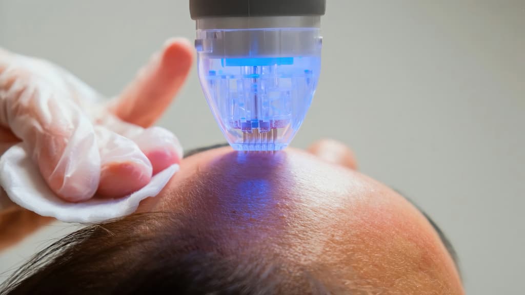 RF Microneedling vs Microneedling – RF device with microneedles delivering radiofrequency energy to forehead skin for deep collagen stimulation and tightening